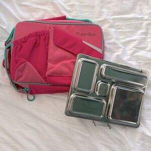 PlanetBox Rover steel bento lunch box with pink/green carrying case